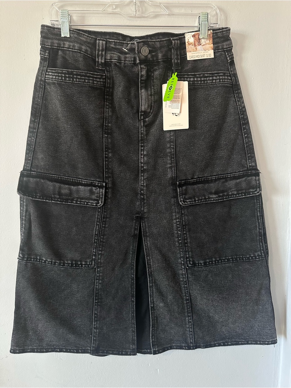 Sincerely Jules Washed Black Denim Cargo Midi Skirt